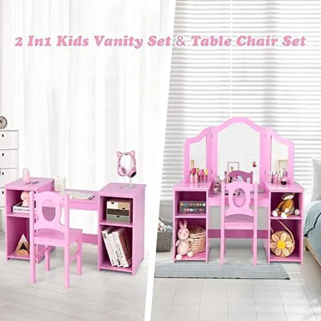 Alt view image 4 of 5 - INFANS Kids Vanity, 2 in 1 Princess Makeup Desk & Chair Set with Tri-Folding Detachable Mirror, Large Storage Shelves, Wooden Pretend Play Dressing Table for Girls