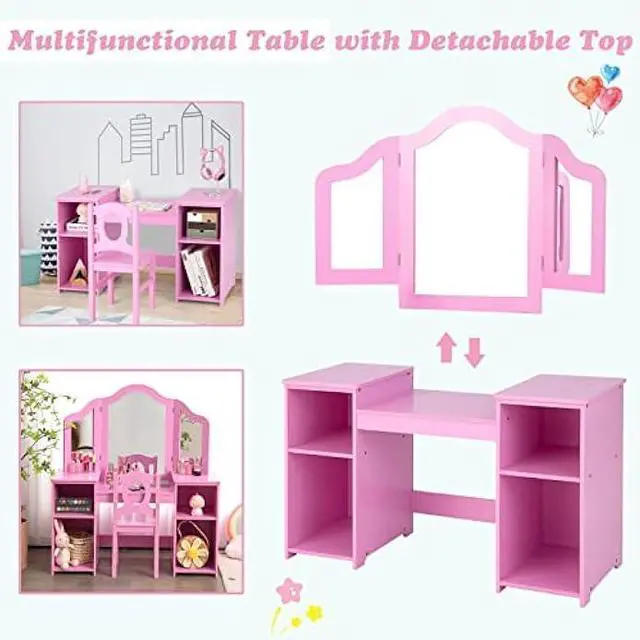 Alt view image 5 of 5 - INFANS Kids Vanity, 2 in 1 Princess Makeup Desk & Chair Set with Tri-Folding Detachable Mirror, Large Storage Shelves, Wooden Pretend Play Dressing Table for Girls