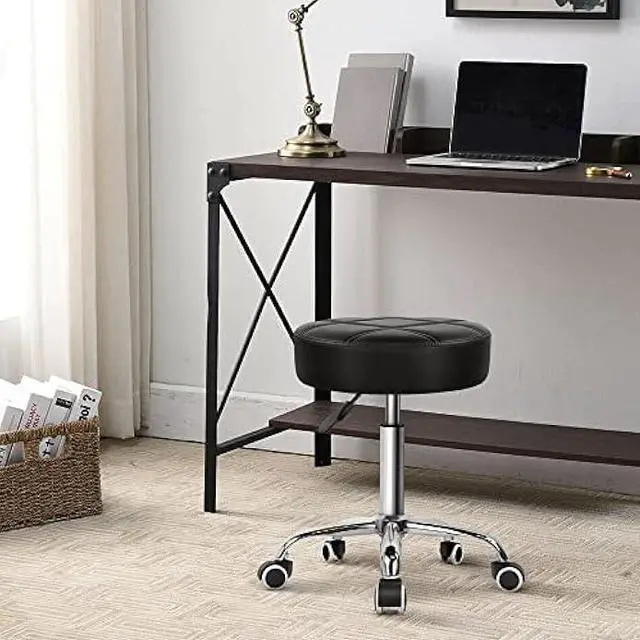 Alt view image 2 of 4 - KKTONER Round Rolling Stool PU Leather Height Adjustable Swivel Drafting Work SPA Medical Salon Stools Chair with Wheels Black