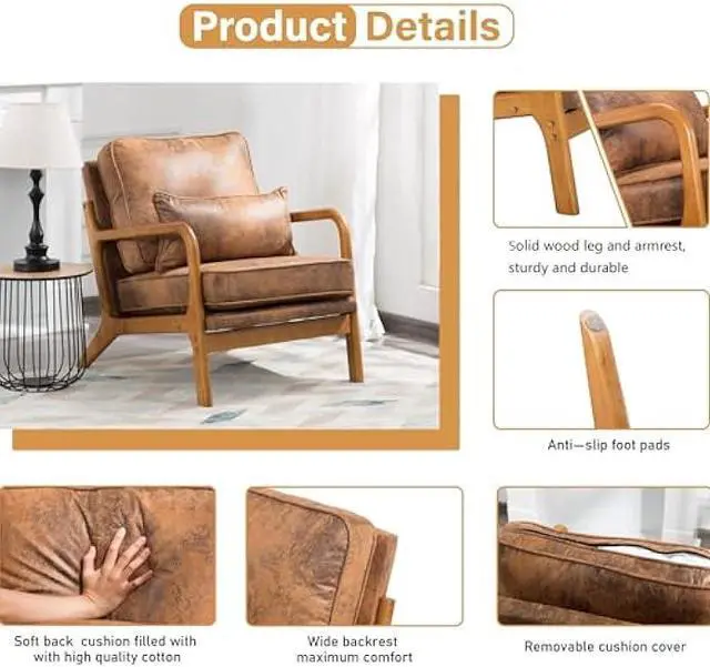 Alt view image 3 of 5 - Accent Chair for Living Room, Mid-Century Modern Upholstered Armchair with Pillow,Reading Arm Chair,Comfy Accent Chair for Bedroom