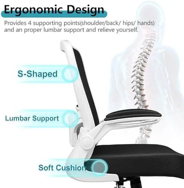 Alt view image 4 of 5 - FelixKing Office Chair, Ergonomic Desk Chair Breathable Mesh Chairs Adjustable High Back Lumbar Support Flip-up Armrests, Executive Rolling Swivel Comfy Computer Chairs Home Office White