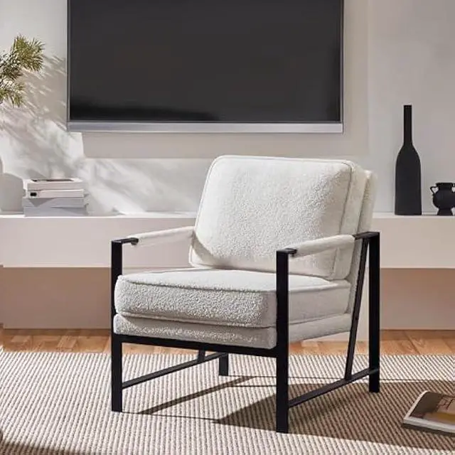 Alt view image 2 of 4 - Yaheetech Teddy Boucle Fabric Armchair, Retro Leisure Accent Chair with Extra Soft Padded and Cushion, Modern Reading Arm Chair with Black Metal Frame for Living Room/Office/Bedroom/Study, Ivory