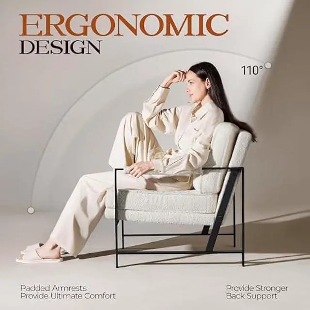 Alt view image 4 of 4 - Yaheetech Teddy Boucle Fabric Armchair, Retro Leisure Accent Chair with Extra Soft Padded and Cushion, Modern Reading Arm Chair with Black Metal Frame for Living Room/Office/Bedroom/Study, Ivory