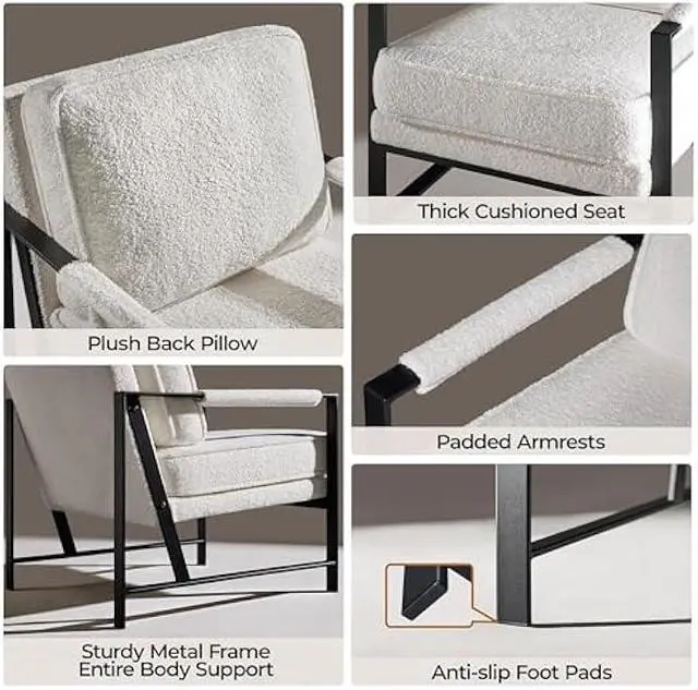 Alt view image 3 of 4 - Yaheetech Teddy Boucle Fabric Armchair, Retro Leisure Accent Chair with Extra Soft Padded and Cushion, Modern Reading Arm Chair with Black Metal Frame for Living Room/Office/Bedroom/Study, Ivory