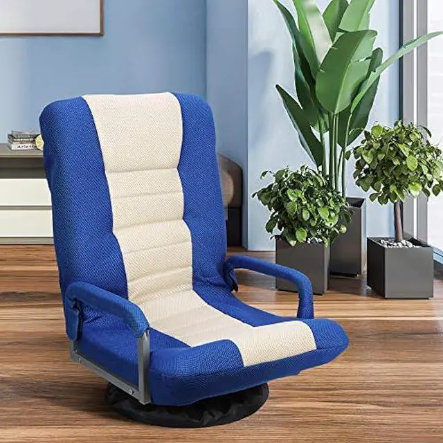 Alt view image 2 of 5 - 360 Degree Swivel Gaming Chair Foldable Floor Sofa Chair for TV Reading Playing Video Games with Lumbar Support, Armrest Handles, Adjustable Backrest, Blue & Beige