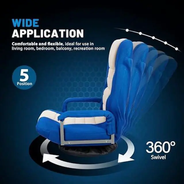 Alt view image 3 of 5 - 360 Degree Swivel Gaming Chair Foldable Floor Sofa Chair for TV Reading Playing Video Games with Lumbar Support, Armrest Handles, Adjustable Backrest, Blue & Beige