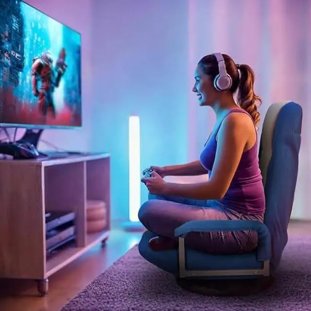 Alt view image 5 of 5 - 360 Degree Swivel Gaming Chair Foldable Floor Sofa Chair for TV Reading Playing Video Games with Lumbar Support, Armrest Handles, Adjustable Backrest, Blue & Beige