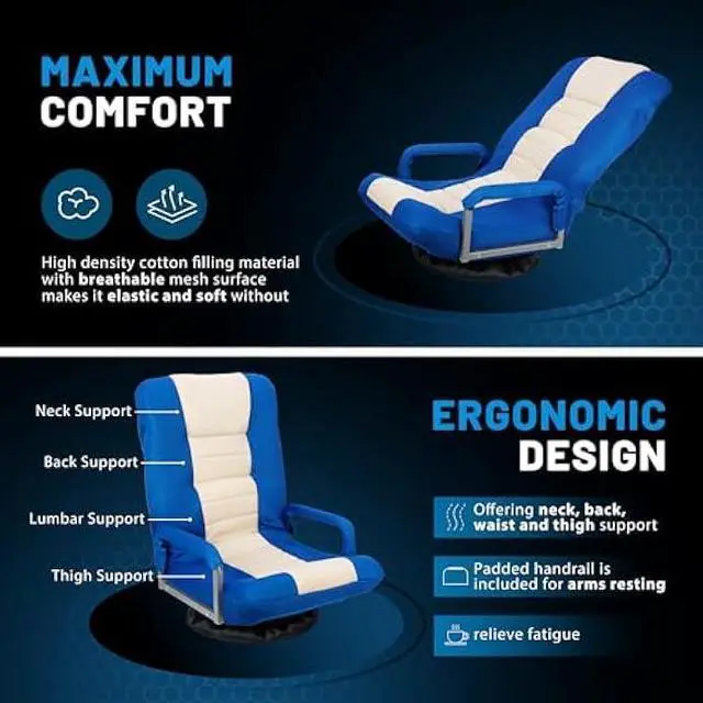 Alt view image 4 of 5 - 360 Degree Swivel Gaming Chair Foldable Floor Sofa Chair for TV Reading Playing Video Games with Lumbar Support, Armrest Handles, Adjustable Backrest, Blue & Beige
