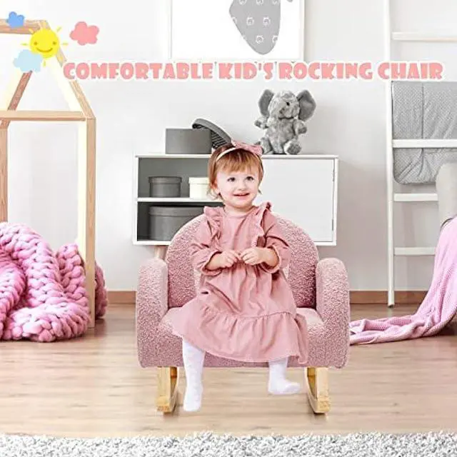 Alt view image 2 of 5 - INFANS Kids Sofa, Toddler Rocking Chair with Solid Wooden Frame, Anti-Tipping Design, Plush Fabric, Children Armchair for Nursery Kindergarten Playroom Preschool, Gift for Boys Girls (Pink)