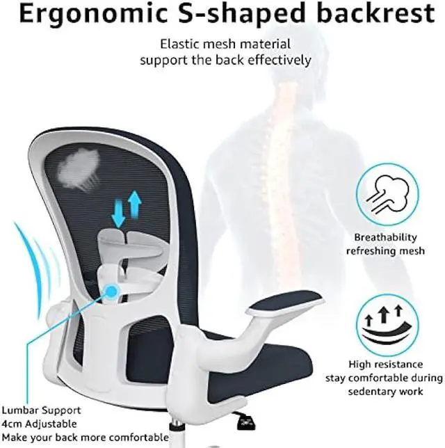 Alt view image 3 of 6 - Ergonomic Office Chair, Comfort Swivel Home Office Task Chair, Breathable Mesh Desk Chair, Lumbar Support Computer Chair with Flip-up Arms and Adjustable Height
