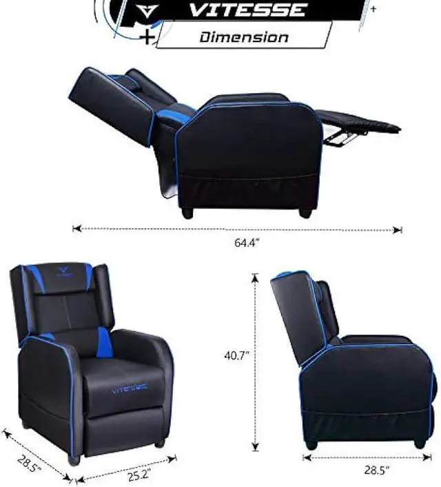 Alt view image 2 of 6 - VITESSE VIT Gaming Recliner Chair Racing Style Single PU Leather Sofa Modern Living Room Recliners Ergonomic Comfortable Home Theater Seating, Blue.