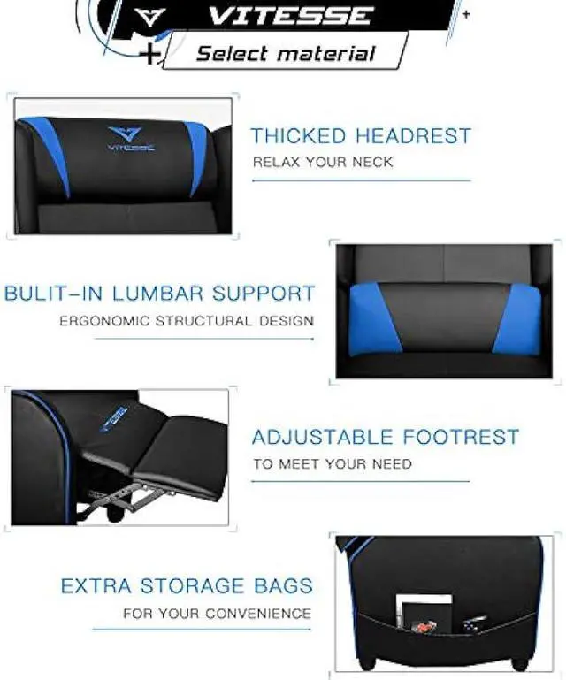 Alt view image 4 of 6 - VITESSE VIT Gaming Recliner Chair Racing Style Single PU Leather Sofa Modern Living Room Recliners Ergonomic Comfortable Home Theater Seating, Blue.