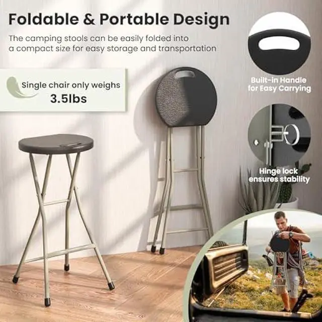 Alt view image 5 of 6 - GYMAX Folding Stool, 28in Portable Collapsible Bar Stool with Handle & Steel Frame, 330lbs Sturdy Foldable Lightweight Metal Chair for Outdoor/Indoor Kitchen Home Bar, Assembly Free (Set of 1, 28inch)