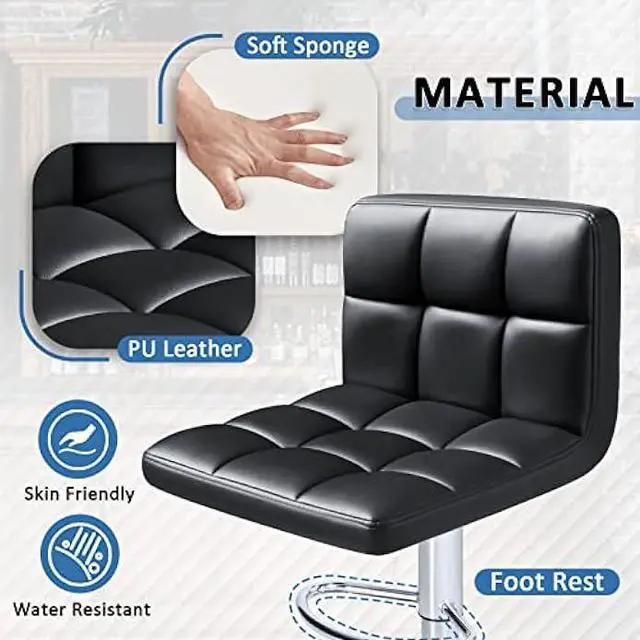 Alt view image 4 of 5 - Homall Bar Stools Modern PU Leather Adjustable Swivel Barstools, Armless Hydraulic Kitchen Counter Bar Stool Extra Height Square Island Barstool with Back Set of 2 (Leather, Black)