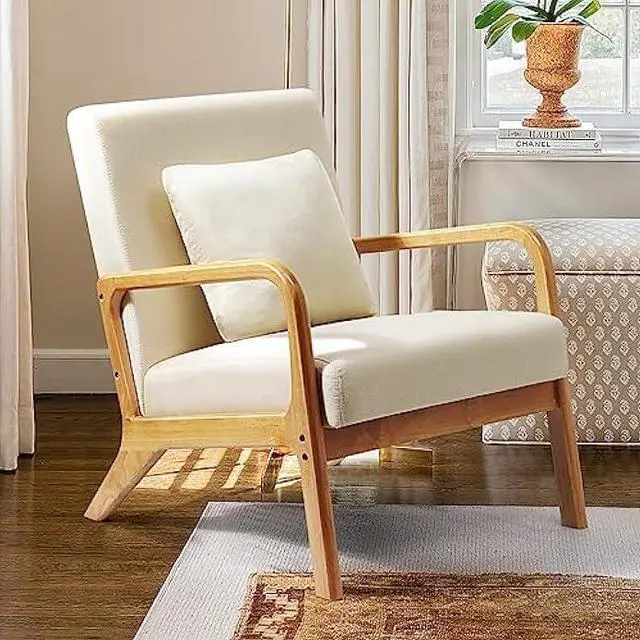 Main image of WACASA Accent Chair, Mid-Century Modern Side Chairs for Living Room, Bedroom, Balcony, Reading Room, Deeper Sitting Chair with Pillow, Comfortable Armchair with Solid Wood Frame & Soft Cushion, Beige