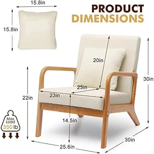 Alt view image 2 of 5 - WACASA Accent Chair, Mid-Century Modern Side Chairs for Living Room, Bedroom, Balcony, Reading Room, Deeper Sitting Chair with Pillow, Comfortable Armchair with Solid Wood Frame & Soft Cushion, Beige