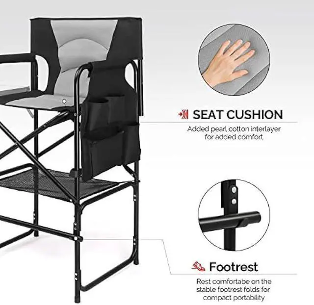 Alt view image 6 of 6 - mefeir Extra Tall-30.7'' Professional Makeup Artist Director Chair Bar Height, Portable Folding Design with Side Table & Storage Bag, Heavy-Duty Steel Frame (300 lbs Capacity), 45.7'' Tall
