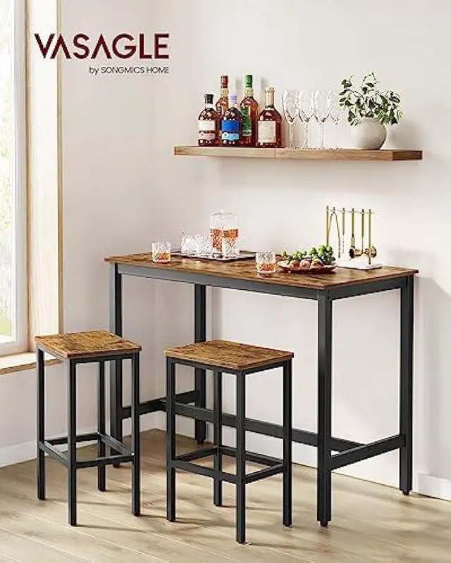 Alt view image 2 of 5 - VASAGLE Bar Table Set, with 2 Bar Stools, Dining table set, Kitchen Counter with Bar Chairs, Industrial, Living Room, Party Room, Rustic Brown and Black ULBT15X