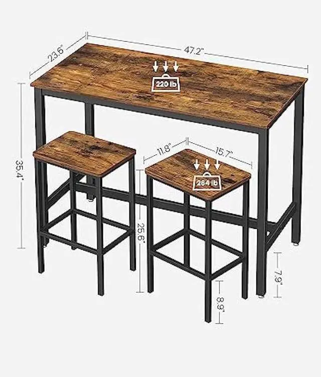 Alt view image 3 of 5 - VASAGLE Bar Table Set, with 2 Bar Stools, Dining table set, Kitchen Counter with Bar Chairs, Industrial, Living Room, Party Room, Rustic Brown and Black ULBT15X