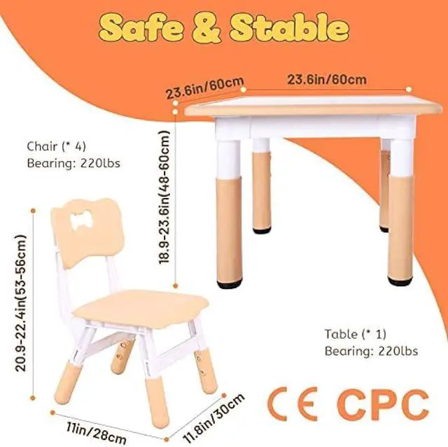 Alt view image 2 of 5 - FUNLIO Kids Table and 4 Chairs Set, Height Adjustable Toddler Table and Chair Set for Ages 3-8, Easy to Wipe Arts & Crafts Table, for Classrooms/Daycares/Homes, CPC & CE Approved5-Piece Set
