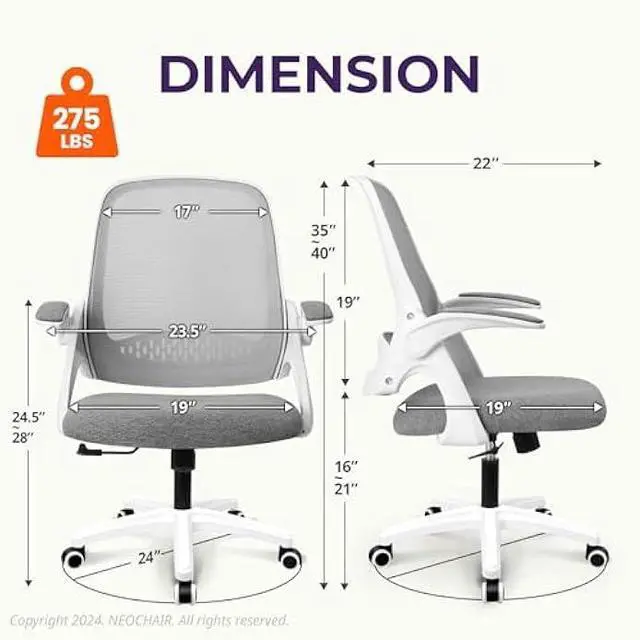 Alt view image 2 of 5 - NEO CHAIR Office Desk Computer Gaming Ergonomic Chair with Lumbar Back Support Adjustable Height Swivel Wheels Flip-up Arms Mesh Chair for Home or Office (Grey)