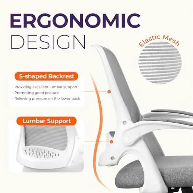 Alt view image 3 of 5 - NEO CHAIR Office Desk Computer Gaming Ergonomic Chair with Lumbar Back Support Adjustable Height Swivel Wheels Flip-up Arms Mesh Chair for Home or Office (Grey)