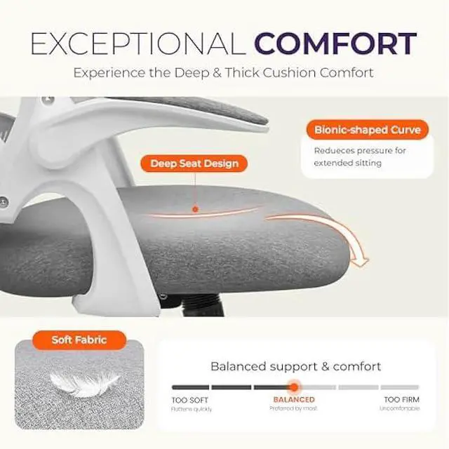 Alt view image 4 of 5 - NEO CHAIR Office Desk Computer Gaming Ergonomic Chair with Lumbar Back Support Adjustable Height Swivel Wheels Flip-up Arms Mesh Chair for Home or Office (Grey)