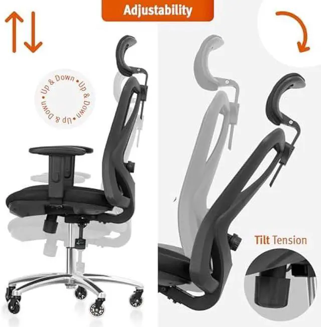 Alt view image 2 of 5 - Duramont Ergonomic Office Chair - Adjustable Desk Chair with Lumbar Support and Rollerblade Wheels - High Back Chairs with Breathable Mesh - Thick Seat Cushion, Head, and Arm Rests - Reclines