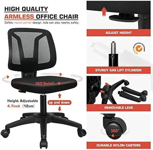 Alt view image 3 of 4 - VigorPow Armless Mesh Office Chair Ergonomic Swivel Black Small Computer Desk Chair No Arms with Lumbar Support Height Adjustable Task Chair for Adults and Kids