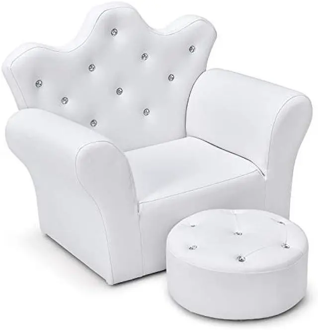 Main image of Costzon Kids Sofa, Children Upholstered Sofa with Ottoman, Princess Sofa with Diamond Decoration, Ottoman, Smooth PVC Leather Toddler Chair, Kids Couch for Preschool Boys and Girls Gift (White)