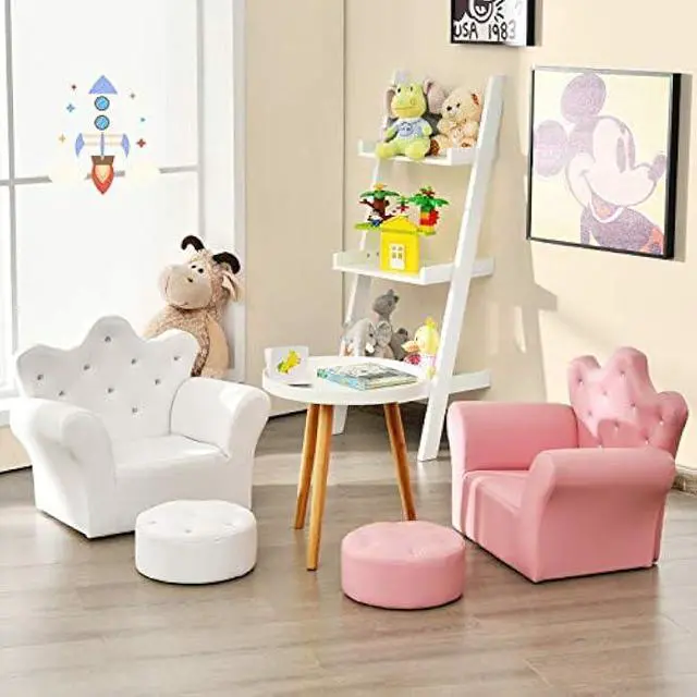 Alt view image 2 of 5 - Costzon Kids Sofa, Children Upholstered Sofa with Ottoman, Princess Sofa with Diamond Decoration, Ottoman, Smooth PVC Leather Toddler Chair, Kids Couch for Preschool Boys and Girls Gift (White)