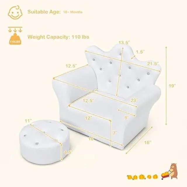 Alt view image 3 of 5 - Costzon Kids Sofa, Children Upholstered Sofa with Ottoman, Princess Sofa with Diamond Decoration, Ottoman, Smooth PVC Leather Toddler Chair, Kids Couch for Preschool Boys and Girls Gift (White)