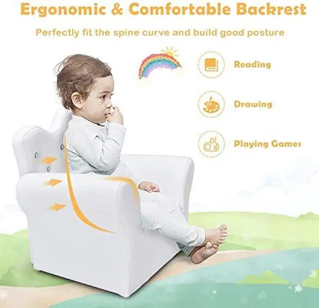 Alt view image 4 of 5 - Costzon Kids Sofa, Children Upholstered Sofa with Ottoman, Princess Sofa with Diamond Decoration, Ottoman, Smooth PVC Leather Toddler Chair, Kids Couch for Preschool Boys and Girls Gift (White)