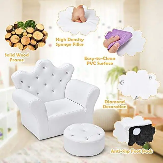 Alt view image 5 of 5 - Costzon Kids Sofa, Children Upholstered Sofa with Ottoman, Princess Sofa with Diamond Decoration, Ottoman, Smooth PVC Leather Toddler Chair, Kids Couch for Preschool Boys and Girls Gift (White)