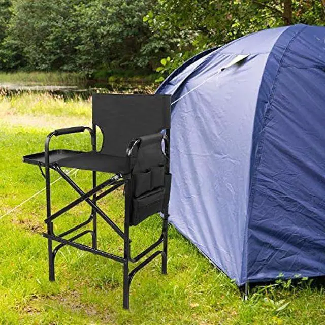 Alt view image 2 of 5 - OmySalon 31 Tall Directors Chair Black Folding with Side Table Storage Bag,Aluminum Frame 300 lbs Capacity, 33.8 L x 19.2 W x 45.6 H,Portable Makeup Artist Bar Height