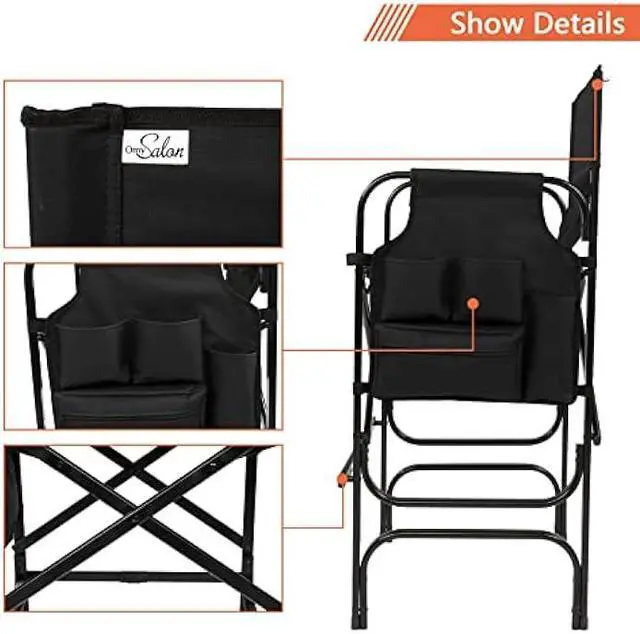 Alt view image 3 of 5 - OmySalon 31 Tall Directors Chair Black Folding with Side Table Storage Bag,Aluminum Frame 300 lbs Capacity, 33.8 L x 19.2 W x 45.6 H,Portable Makeup Artist Bar Height