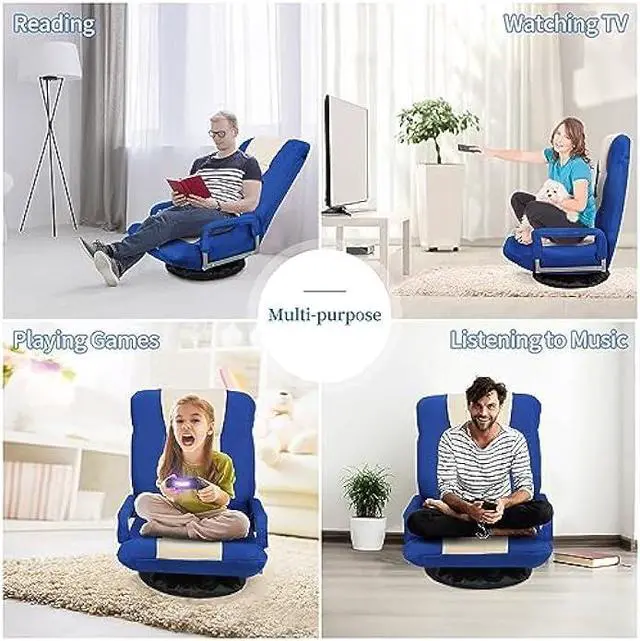 Alt view image 3 of 5 - ZENY Swivel Gaming Chair 360 Degree Multipurpose Floor Chair with Armrest, Adjustable 5 Positions Folding Lazy Sofa Lounger Chairs for TV, Reading, Playing Video Games