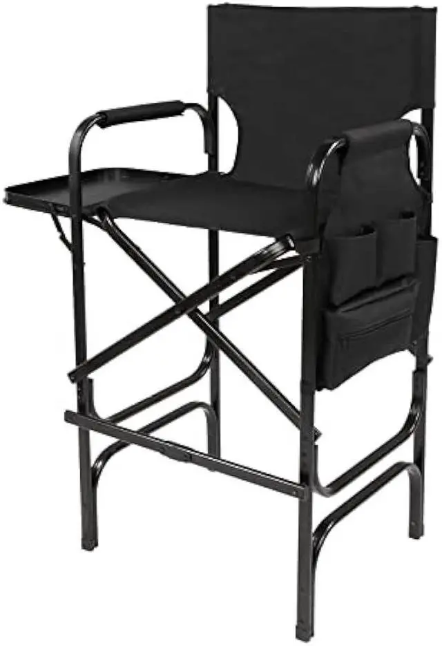 Main image of OmySalon 31 Tall Directors Chair Black Folding with Side Table Storage Bag,Aluminum Frame 300 lbs Capacity, 33.8 L x 19.2 W x 45.6 H,Portable Makeup Artist Bar Height
