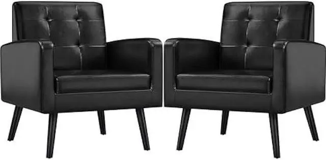 Main image of Yaheetech Mid-Century Accent Chairs, PU Leather Modern Upholstered Living Room Chair, Cozy Armchair Button Tufted Back and Wood Legs for Bedroom/Office/Cafe Black 2PCS