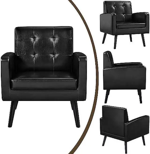 Alt view image 4 of 5 - Yaheetech Mid-Century Accent Chairs, PU Leather Modern Upholstered Living Room Chair, Cozy Armchair Button Tufted Back and Wood Legs for Bedroom/Office/Cafe Black 2PCS