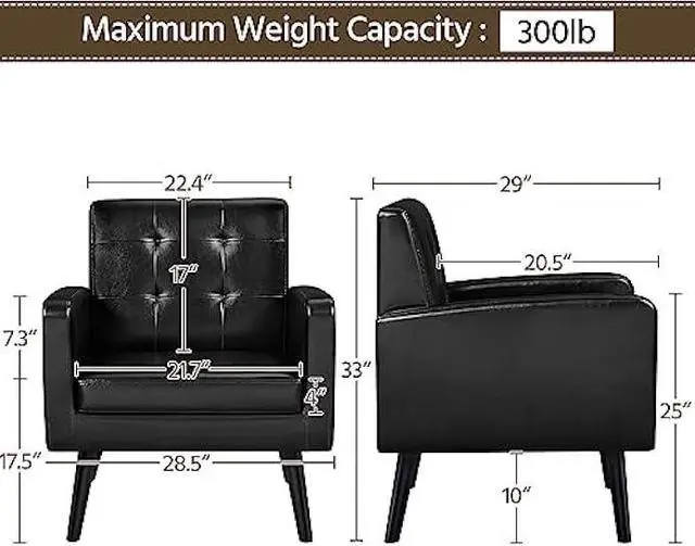 Alt view image 3 of 5 - Yaheetech Mid-Century Accent Chairs, PU Leather Modern Upholstered Living Room Chair, Cozy Armchair Button Tufted Back and Wood Legs for Bedroom/Office/Cafe Black 2PCS