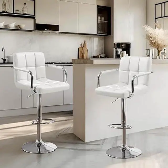 Alt view image 2 of 5 - Yaheetech Bar Stools Set of 2, PU Leather Adjustable Swivel Barstools, Hydraulic Kitchen Counter Height Bar Chairs with Armrest and Back for Bar, Kitchen, Dining Room, White