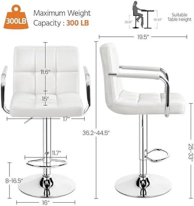 Alt view image 3 of 5 - Yaheetech Bar Stools Set of 2, PU Leather Adjustable Swivel Barstools, Hydraulic Kitchen Counter Height Bar Chairs with Armrest and Back for Bar, Kitchen, Dining Room, White