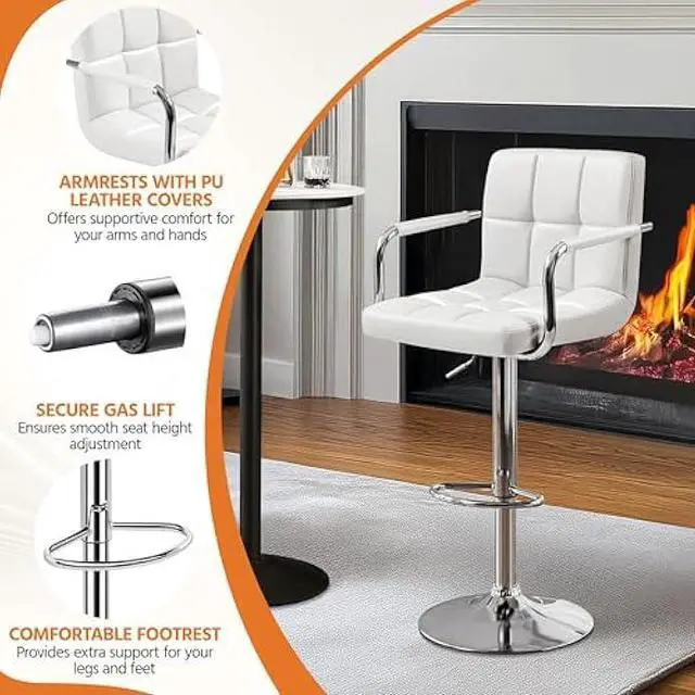 Alt view image 5 of 5 - Yaheetech Bar Stools Set of 2, PU Leather Adjustable Swivel Barstools, Hydraulic Kitchen Counter Height Bar Chairs with Armrest and Back for Bar, Kitchen, Dining Room, White