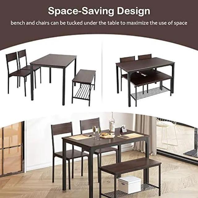Alt view image 5 of 5 - soges Dining Table Set for 4, 43.3 inch Kitchen Table Set with Chairs and Bench, 4 Piece Dining Room Table Set for Small Space, Apartment, Restaurant, Rustic Oak