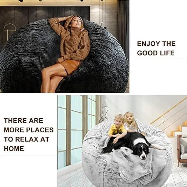 Alt view image 5 of 5 - (No Filler) Bean Bag Chair Cover Without Filler,Big Round Soft Fluffy PV Velvet Washable Bean Bag Lazy Sofa Bed Cover for Adults,Living Room Bedroom Furniture Outside,5ft Black