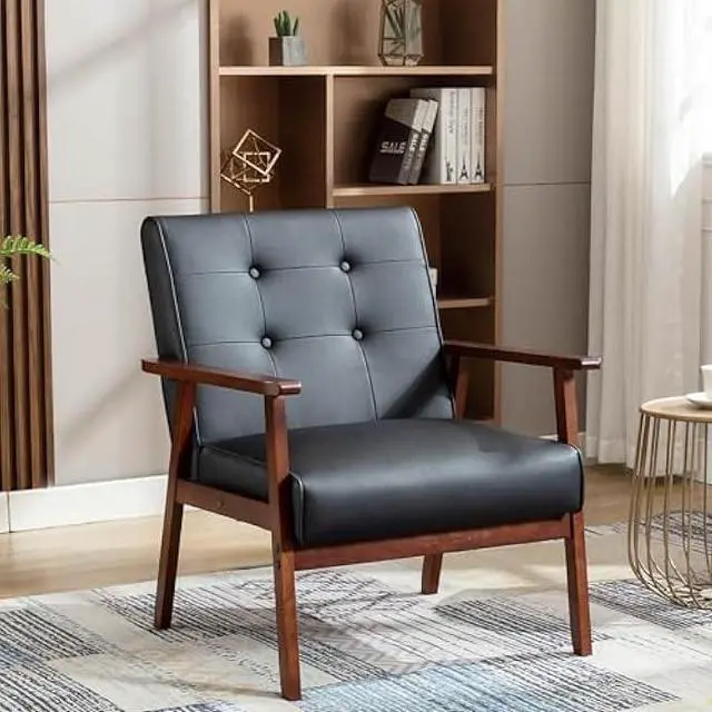 Main image of JIASTING Mid-Century Retro Modern Accent Chair Wooden Arm Upholstered Tufted Back Lounge Chairs Seat Size 24.4 18.3 (Deep) (Square Leg Black)