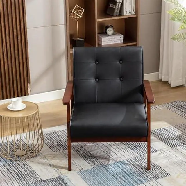 Alt view image 2 of 4 - JIASTING Mid-Century Retro Modern Accent Chair Wooden Arm Upholstered Tufted Back Lounge Chairs Seat Size 24.4 18.3 (Deep) (Square Leg Black)