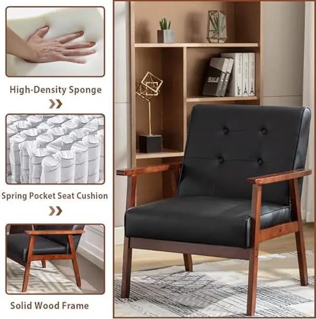 Alt view image 3 of 4 - JIASTING Mid-Century Retro Modern Accent Chair Wooden Arm Upholstered Tufted Back Lounge Chairs Seat Size 24.4 18.3 (Deep) (Square Leg Black)