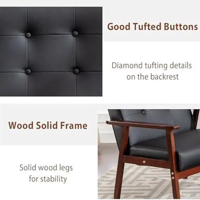 Alt view image 4 of 4 - JIASTING Mid-Century Retro Modern Accent Chair Wooden Arm Upholstered Tufted Back Lounge Chairs Seat Size 24.4 18.3 (Deep) (Square Leg Black)